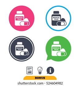 Medical pills bottle sign icon. Pharmacy medicine drugs symbol. Report document, information sign and light bulb icons. Vector
