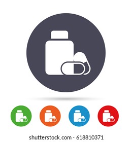 Medical pills bottle sign icon. Pharmacy medicine drugs symbol. Round colourful buttons with flat icons. Vector