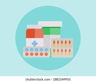 Medical pills and bottles. Health care concept. Cartoon vector style for your design.