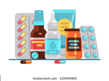 Medical pills and bottles. Healthcare, medication, pharmacy or drugstore vector concept. Illustration of medicament drug, healthcare bottle