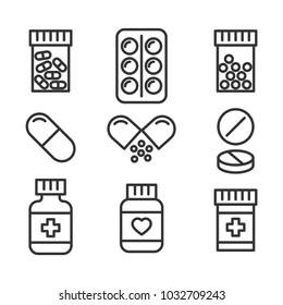 Medical pills and bottles icons set