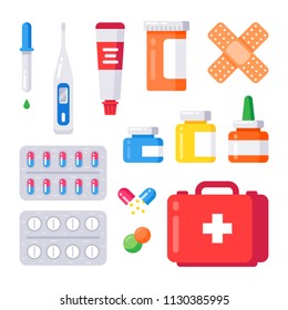 Medical pills, bottles, patch and thermometer set isolated on white background. Isolated objects in flat style. Vector illustration.