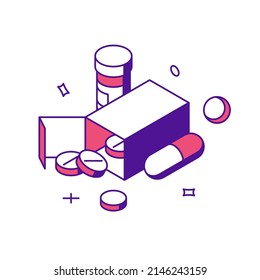 Medical pills and capsules in cardboard pack and bottle 3d icon isometric vector illustration. Healthcare pharmacy drugs medication painkiller, antibiotic, vitamin for patient getting well treatment