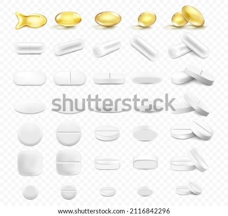 Medical pills and capsules set, isolated on a transparent background. Realistic 3d vector icons. Vitamins and antibiotics capsule, shiny golden yellow fish oil tablets. Pharmaceutical painkiller drugs