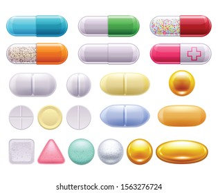 Medical pills and capsules set vector illustration.