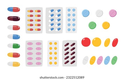 Medical pills clipart cartoon style. Types of medicine pill flat vector illustration hand drawn doodle style. Capsule, tablet, soft pill. Drug, vitamin, antibiotic. Hospital and medical concept