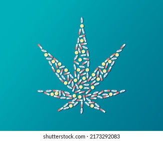 Medical Pills Compose A Marijuana Leaf  (Cannabis Sativa). Marijuana Pills May Be Better For Pain Relief. Chemotherapy Treatment Concept. Vector Illustration