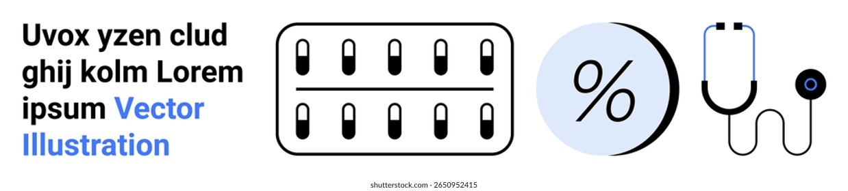 Pílulas médicas, blister de dosagem, símbolo de porcentagem, estetoscópio e lentes de contato. Ideal para cuidados de saúde, farmácia, ferramentas médicas, explicação de dosagem, estatísticas, materiais educacionais de cuidados oftalmológicos