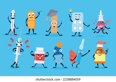 Medical pills drugs antibiotic supply characters emoji set vector flat illustration. Pharmacy medicine mascot funny remedy supplement superhero syringe patch thermometer capsule blister vitamin bottle