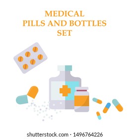 Medical pills, drugs and bottles. Medication. Set of flat images.