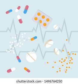 Medical pills, drugs and bottles. Medication. Set of flat images.