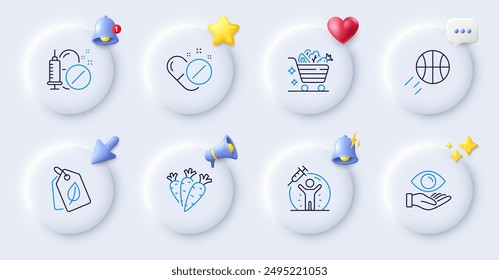 Medical pills, Medical drugs and Vaccine protection line icons. Buttons with 3d bell, chat speech, cursor. Pack of Basketball, Bio tags, Vegetables cart icon. Carrots, Health eye pictogram. Vector