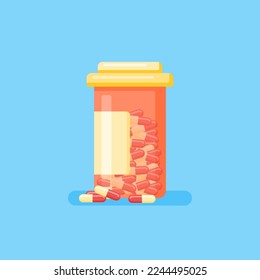 Medical pills flat style icon on blue background. Vector illustration.