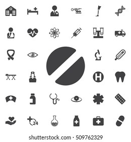 Medical Pills icon collection related to service, health care, pharmacy business, drugstore, science. Vector style: flat gray symbols, rounded angles, white background.