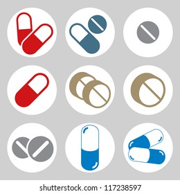 Medical pills icons set, vector.