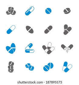 Medical pills icons set, vector collection.