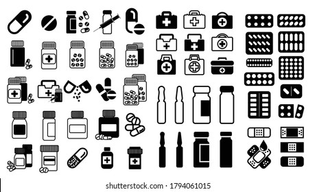 Medical pills icons, vaccine and drugs symbols, pharmacy signs. Doctors bag silhouettes, medical suitcase vector elements, medicine handbags, first aid kit and medical ampoules shapes