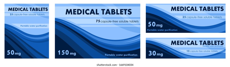 Medical Pills Label Design Concept. Sketch Medicine Packaging. Example: Capsules For Water Purification. Or Stickers For Water Equipment, Filters, Aquariums. Set For Boxes Of Different Sizes. Vector.