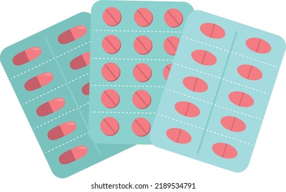 Medical pills and medications for health care concept, pharmacy set. Tablets, blisters for capsules, drugs collection isolated. Vector illustration in a cartoon flat style.