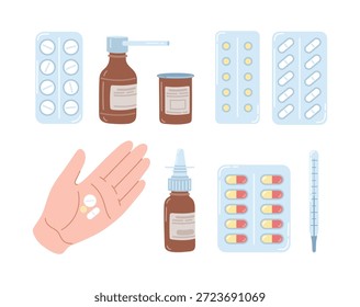 Medical pills and medicine vector set with tablets, capsules, blister packs, syrups, nasal spray, thermometer and hand holding pills. Flat healthcare illustration.