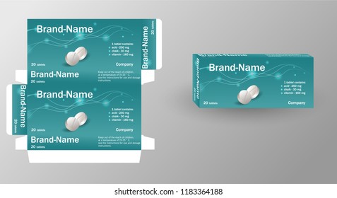 Medical pills in pack. Medications isometrics. Healing in cardboard box. Health pilule. vitamins. Design boxes for packaging medical products tablets capsules