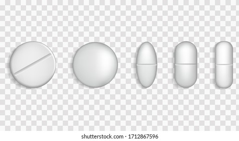 Medical pills. Packed plate of pills. Realistic white pills. 3D drugs medicine capsules and vitamins