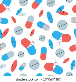 Medical pills pattern. Seamless pattern for packaging. Vector illustration. Remedy for the corona virus.