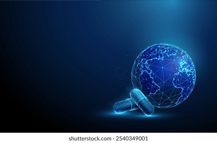 Medical pills and planet Earth. Healthcare and medical treatment concept. Low poly style. Abstract geometric background. Wireframe light connection structure. Modern blue 3d graphic. Vector