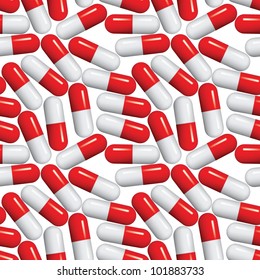 Medical pills seamless pattern, medicine vector background with standard red and white capsules over white.