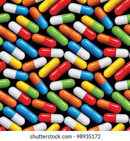 Medical pills seamless pattern, medicine vector background.