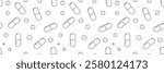 Medical pills seamless pattern. Outline pills background. Pills and capsules pattern in black and white.