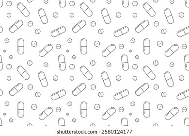 Medical pills seamless pattern. Outline pills background. Pills and capsules pattern in black and white.