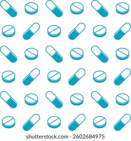 Medical pills seamless pattern. Medical pharmacy background. Medical pills icons black outline.