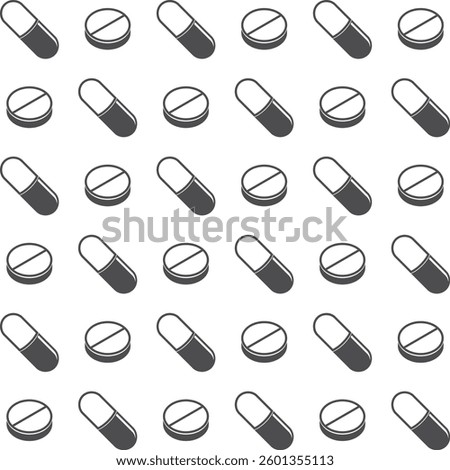 Medical pills seamless pattern. Medical pharmacy background. Medical pills icons black outline.