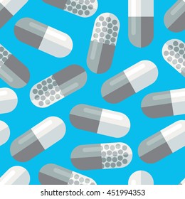Medical pills seamless pattern. Stylized medication tablets texture. Pharmacology continuous wrapping background. Health care vector illustration in EPS8 format.