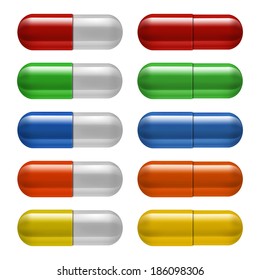 Medical pills set, different colors. Vector illustration