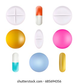 Medical Pills Set, Different Colors Isolated On A White Background. Vector Illustration. Pharmaceuticals. Creative Medical Concept
