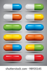 Medical pills set, different colors vectors collection.