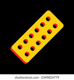 Medical Pills sign. 3D Extruded Yellow Icon with Red Sides a Black background. Illustration.