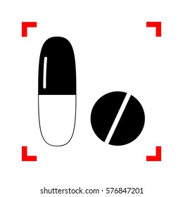 Medical pills sign. Black icon in focus corners on white background. Isolated.