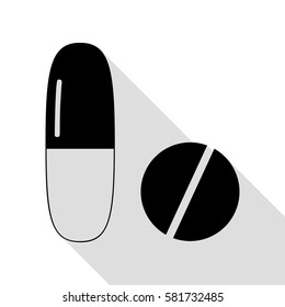 Medical pills sign. Black icon with flat style shadow path.