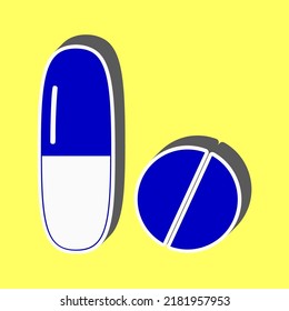 Medical pills sign. Blue Icon with white stroke in 3d at yellow Background. Illustration.