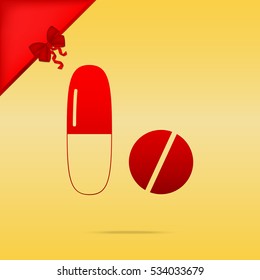 Medical pills sign. Christmas design red icon on gold background.