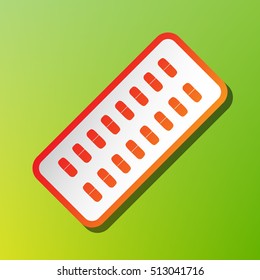 Medical Pills sign. Contrast icon with reddish stroke on green backgound.
