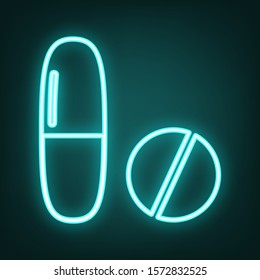 Medical pills sign. Cyan neon icon in the dark. Bluring. Luminescence. Illustration.