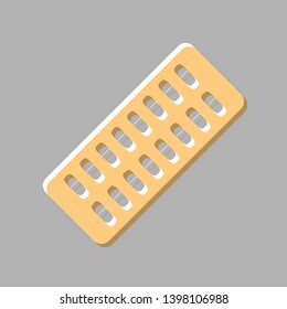 Medical Pills sign. Emboss effect with light orange icon on gray background.