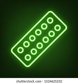 Medical Pills sign. Green neon icon in the dark. Blurred lightening. Illustration.