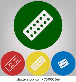 Medical Pills sign. Vector. 4 white styles of icon at 4 colored circles on light gray background.