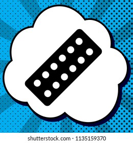 Medical Pills sign. Vector. Black icon in bubble on blue pop-art background with rays.