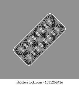 Medical Pills sign. Vector. Black maze filled icon with white border at gray background.